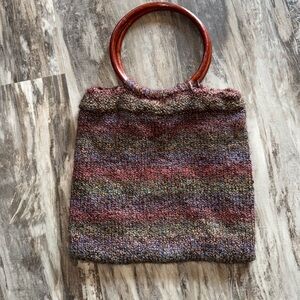 Boho knit yarn wood round double handle bag purse fall Autumn rainbow lined